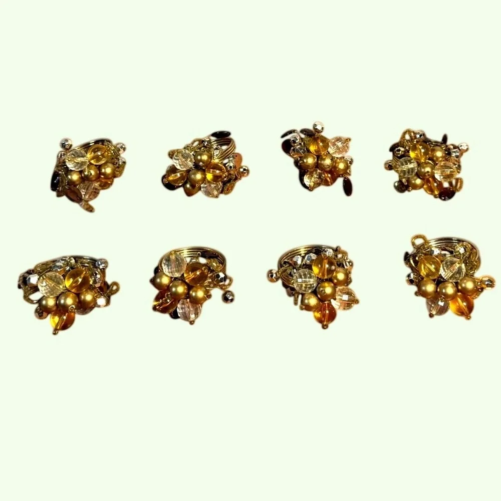 Set of 8 Beaded Napkin Rings Gold Amber Clear Glass Cluster Table Decor 1.5in